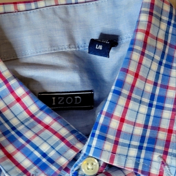 Mens Izod Button Down Size Lage Red White and Blue Plaid - Picture 3 of 6